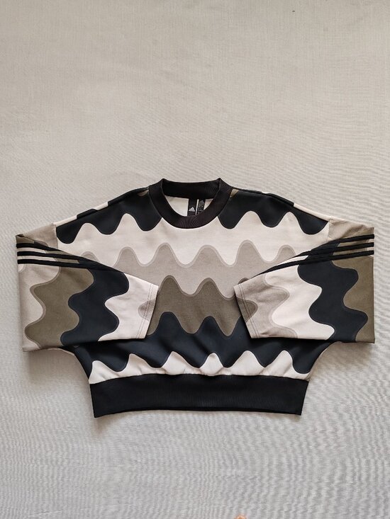 adidas Originals Sweaters - Adidas x Marimekko Laine Wave Print Cropped Sweatshirt - Green/Beige - Size L